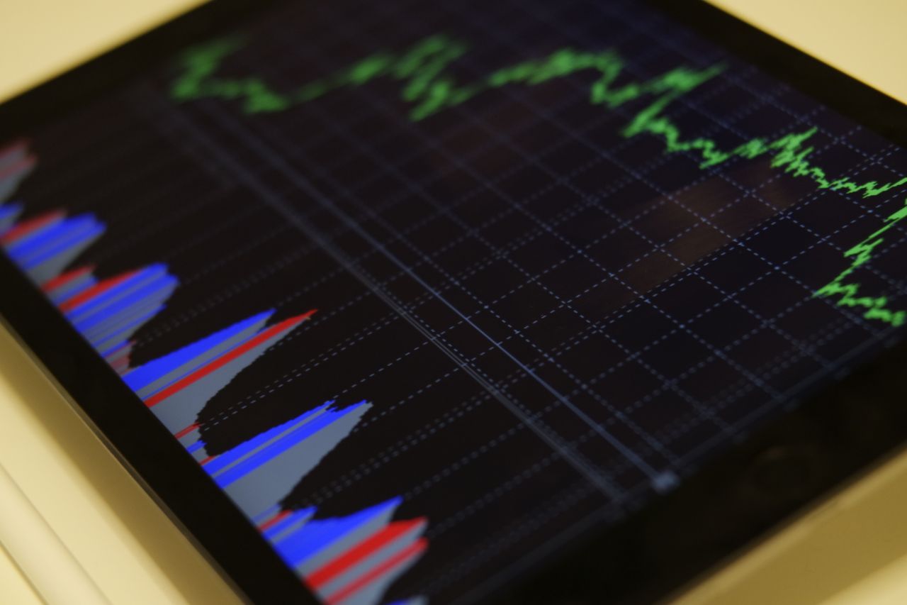 Services Close-up of a tablet displaying stock market analysis with colorful graphs.
